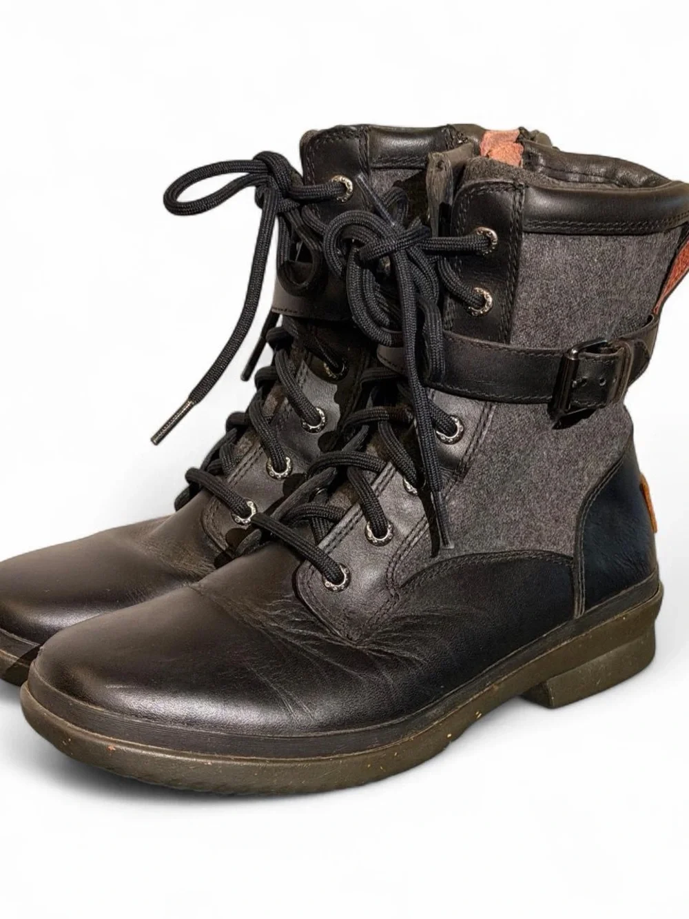 UGG Kesey Black Gray Waterproof Black Leather Gray Wool Boots Women’s Size 7.5